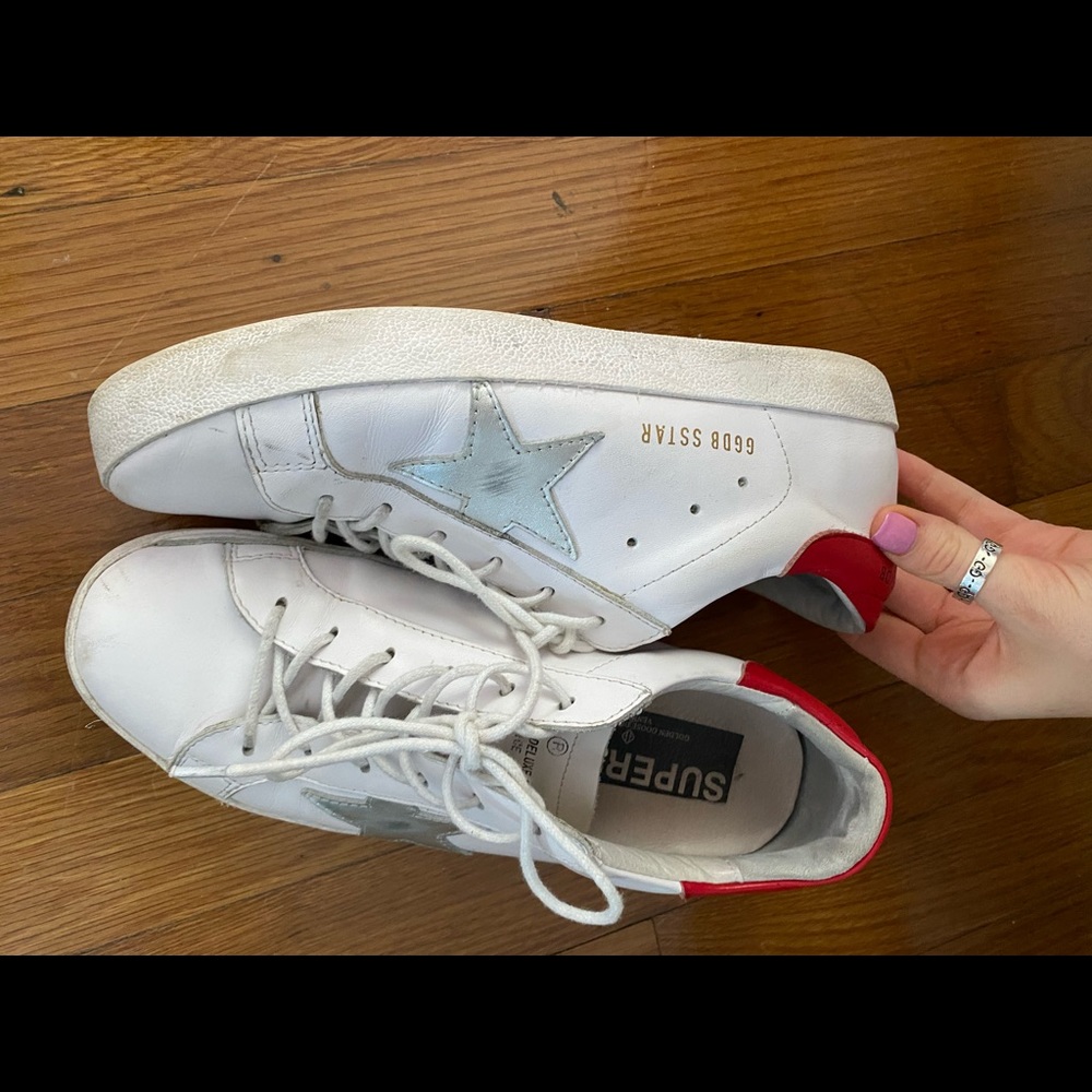 Golden Goose White and Silver Sneakers with Red Heel